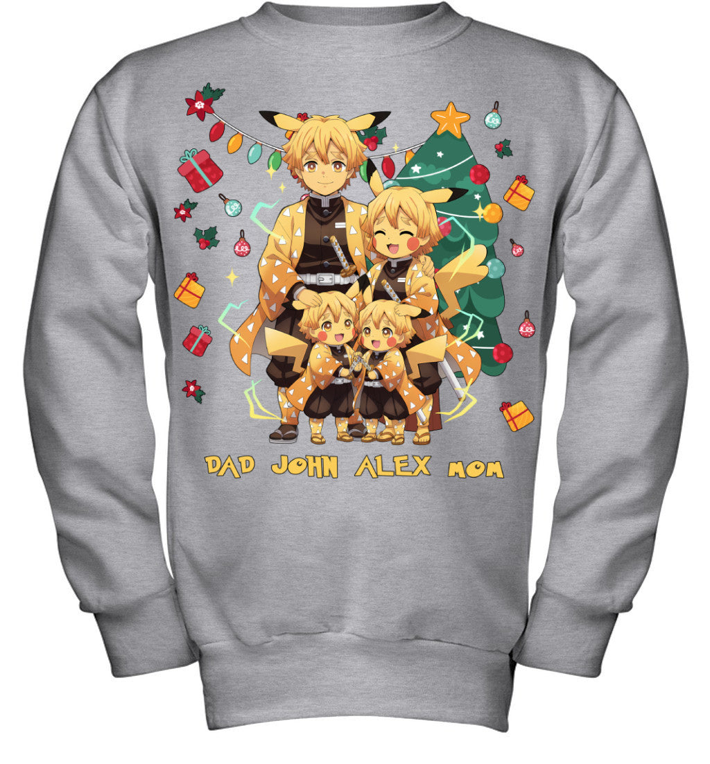 Pikachu x Zenitsu Parents & Sons Custom Name Christmas T-Shirt for Family