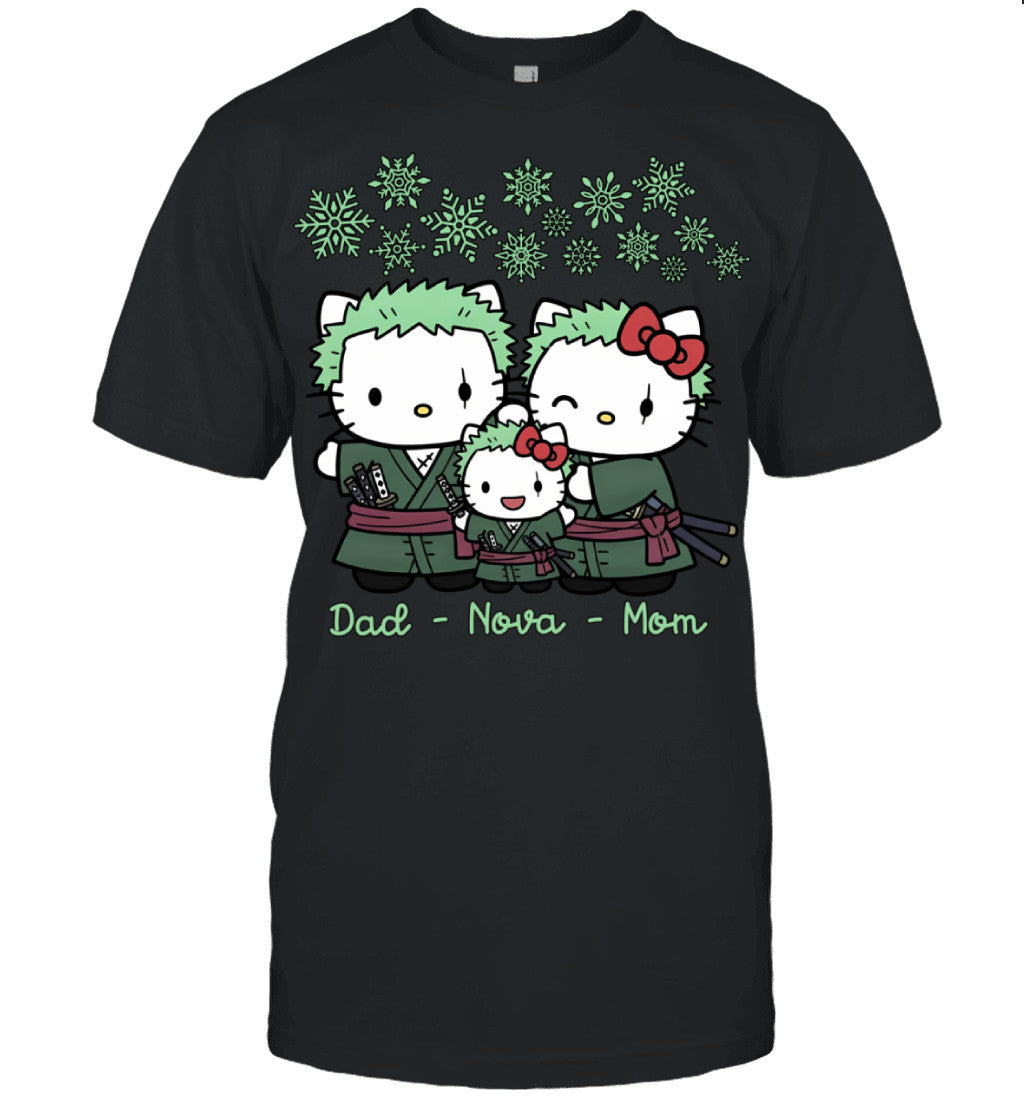 Hello Kitty x Roronoa Zoro Parents & Daughter Custom Name Christmas T-Shirt for Family