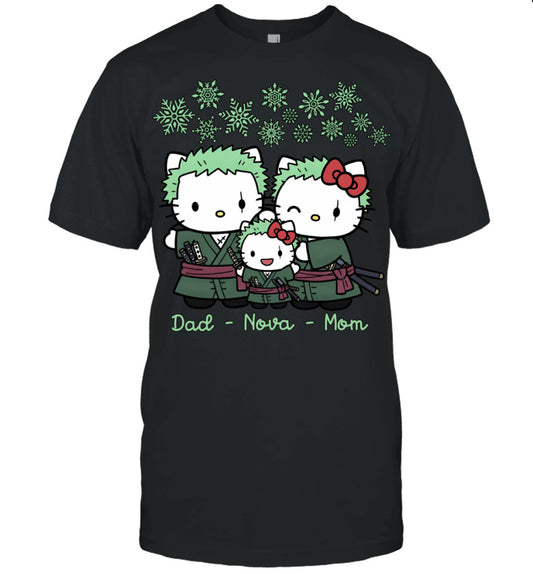 Hello Kitty x Roronoa Zoro Parents & Daughter Custom Name Christmas T-Shirt for Family