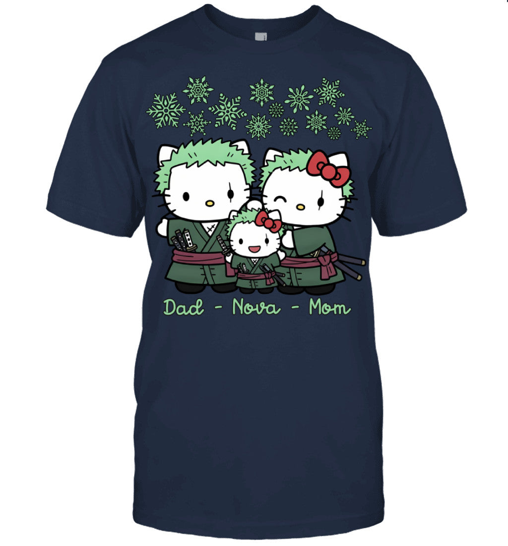 Hello Kitty x Roronoa Zoro Parents & Daughter Custom Name Christmas T-Shirt for Family