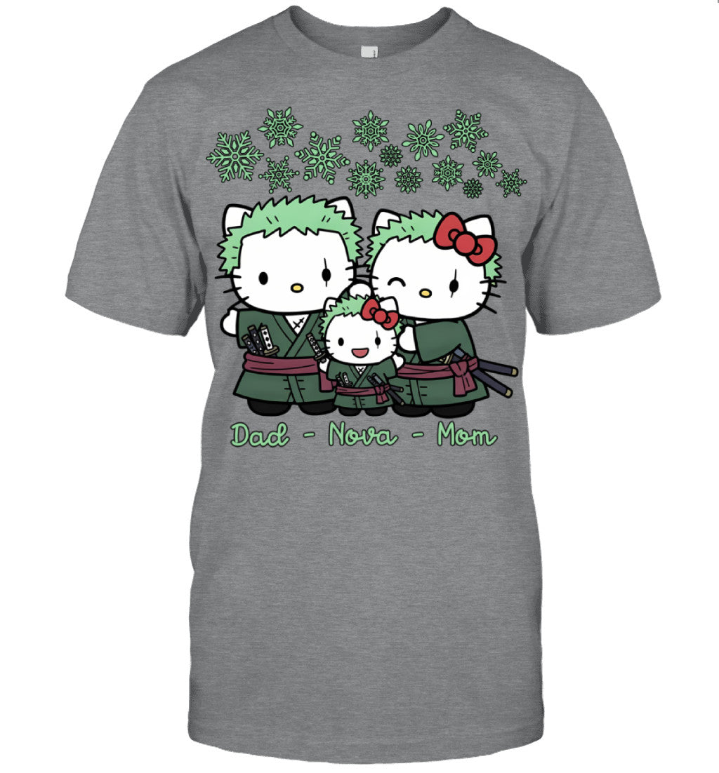 Hello Kitty x Roronoa Zoro Parents & Daughter Custom Name Christmas T-Shirt for Family
