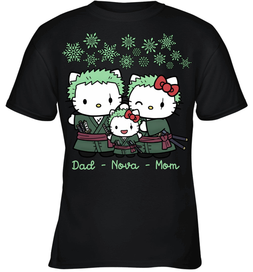 Hello Kitty x Roronoa Zoro Parents & Daughter Custom Name Christmas T-Shirt for Family