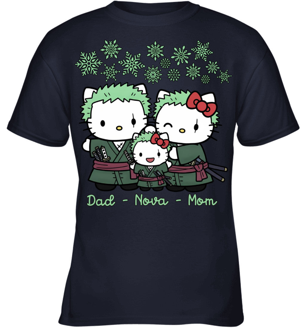 Hello Kitty x Roronoa Zoro Parents & Daughter Custom Name Christmas T-Shirt for Family