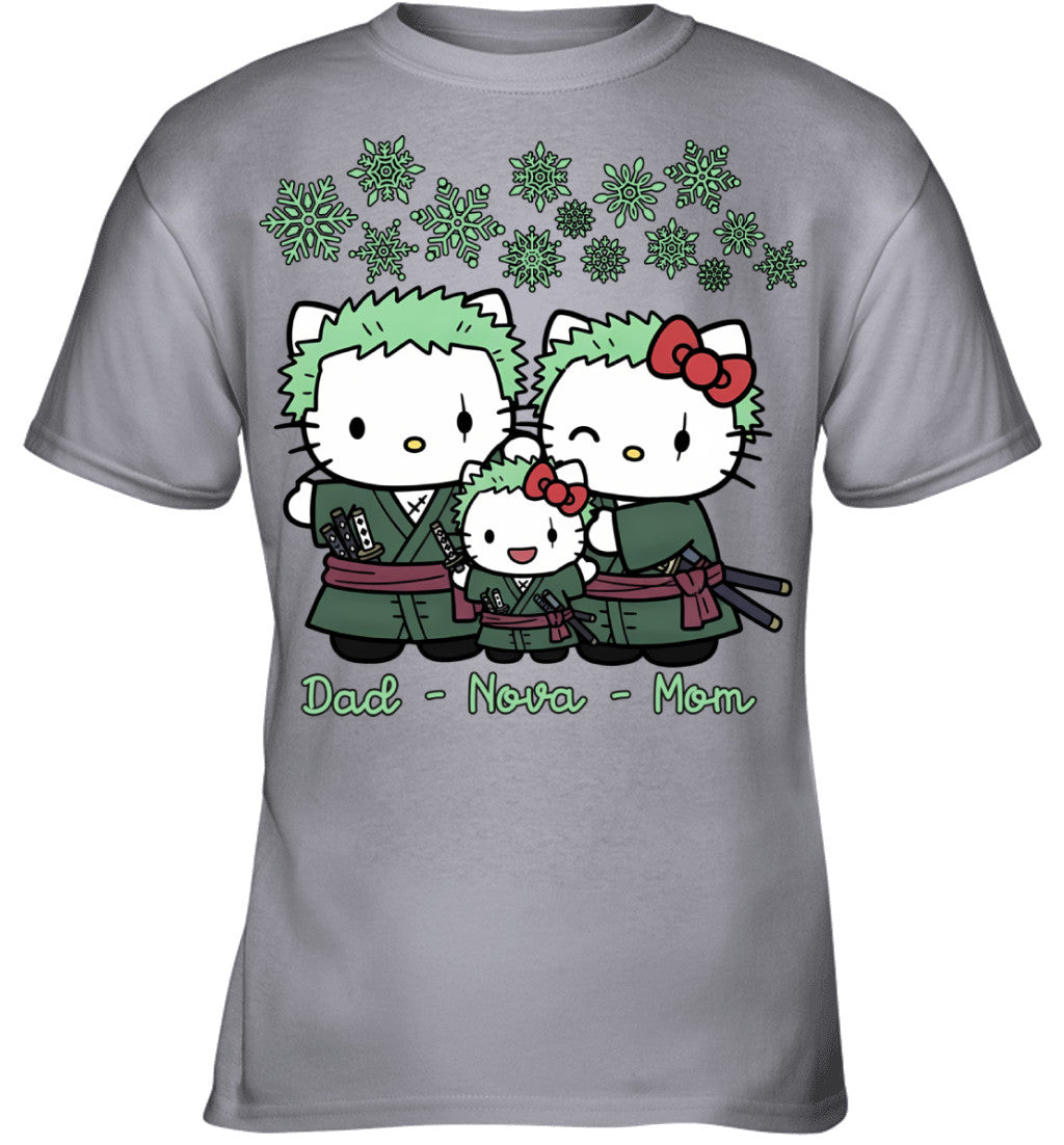 Hello Kitty x Roronoa Zoro Parents & Daughter Custom Name Christmas T-Shirt for Family