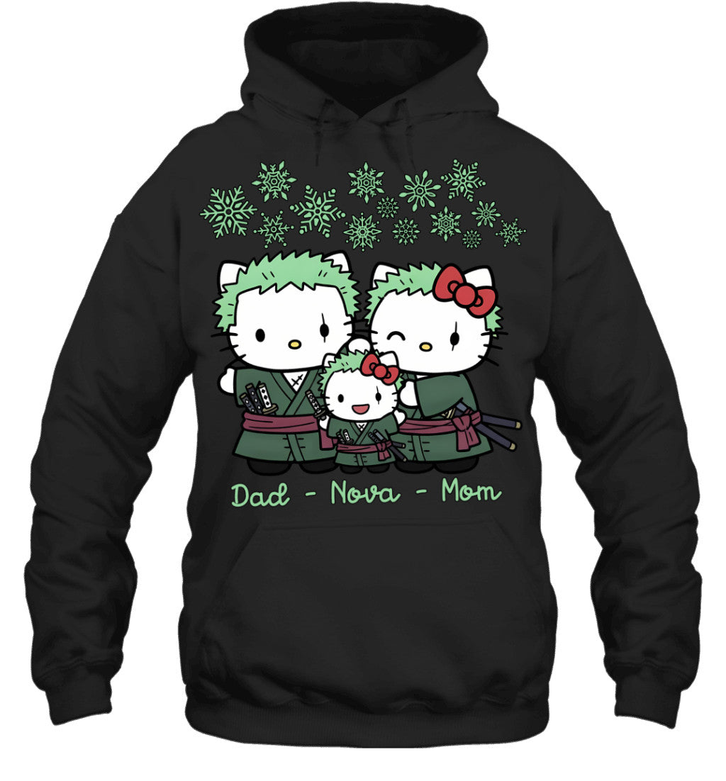 Hello Kitty x Roronoa Zoro Parents & Daughter Custom Name Christmas T-Shirt for Family