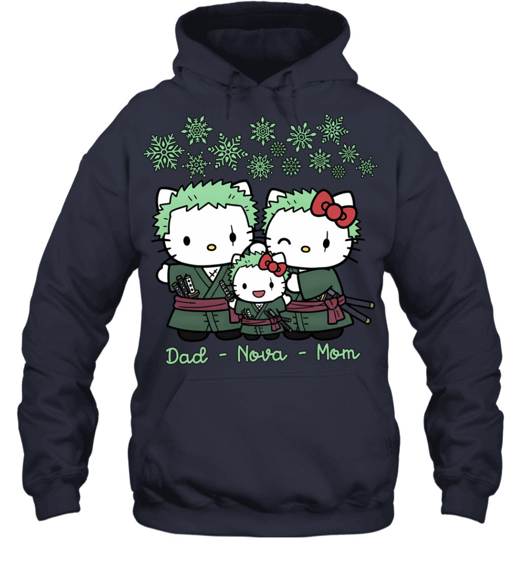 Hello Kitty x Roronoa Zoro Parents & Daughter Custom Name Christmas T-Shirt for Family
