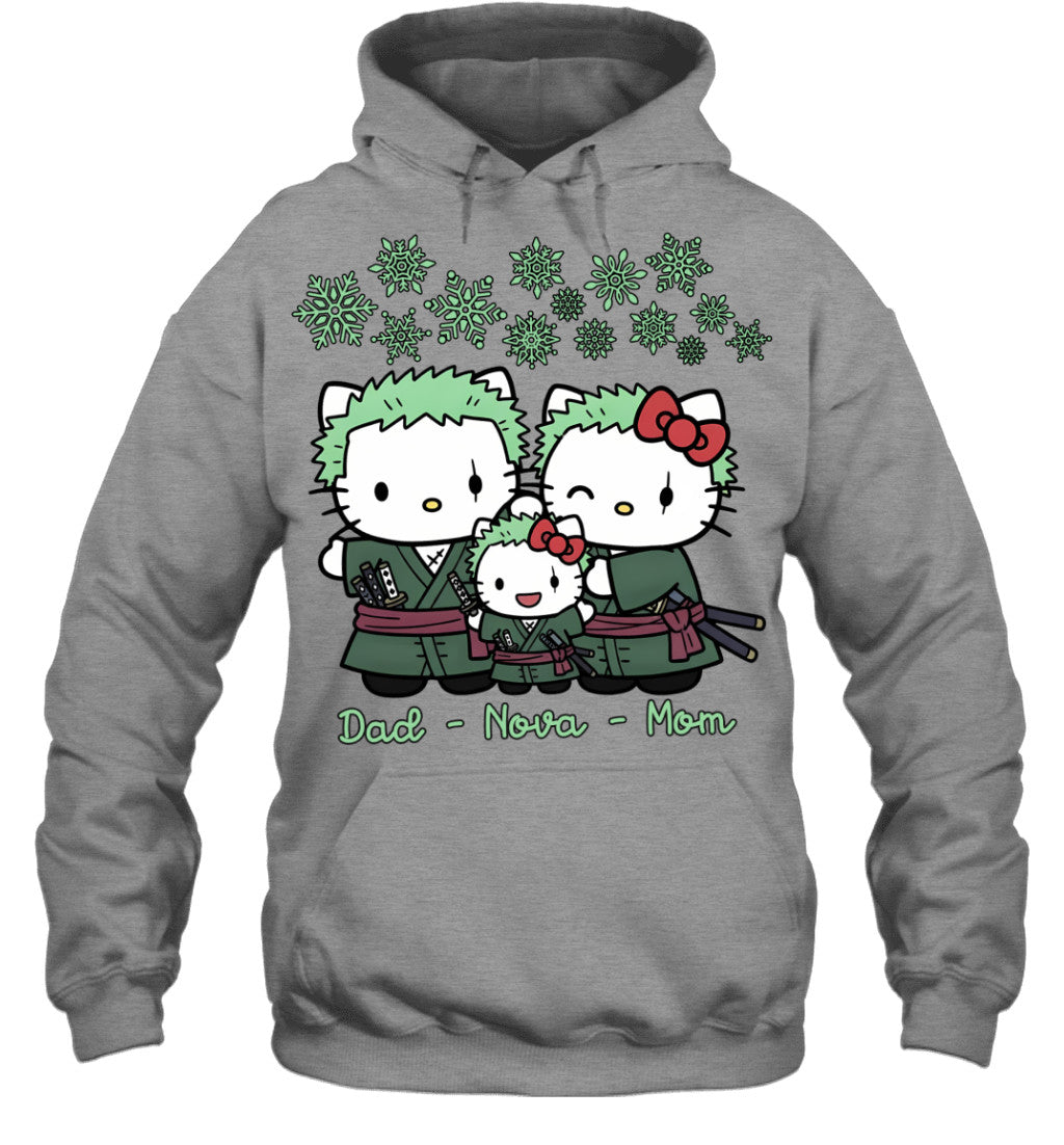 Hello Kitty x Roronoa Zoro Parents & Daughter Custom Name Christmas T-Shirt for Family