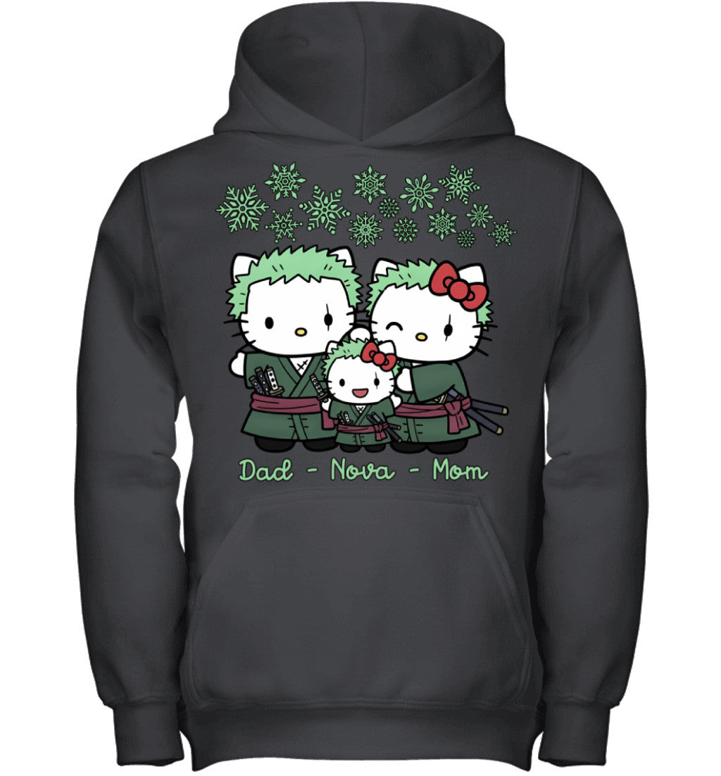 Hello Kitty x Roronoa Zoro Parents & Daughter Custom Name Christmas T-Shirt for Family