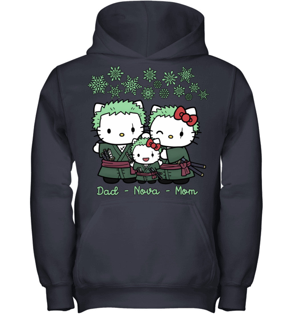 Hello Kitty x Roronoa Zoro Parents & Daughter Custom Name Christmas T-Shirt for Family