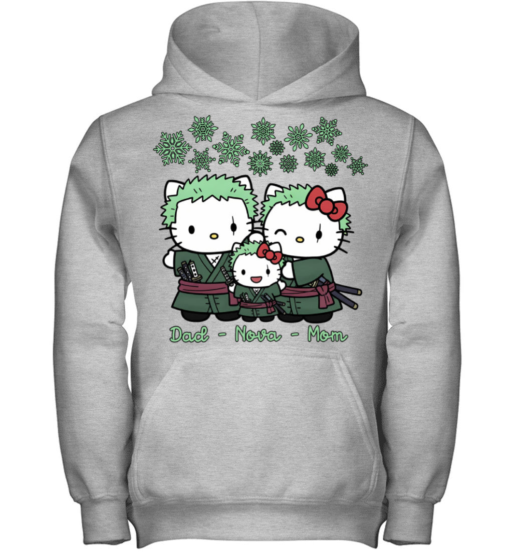 Hello Kitty x Roronoa Zoro Parents & Daughter Custom Name Christmas T-Shirt for Family