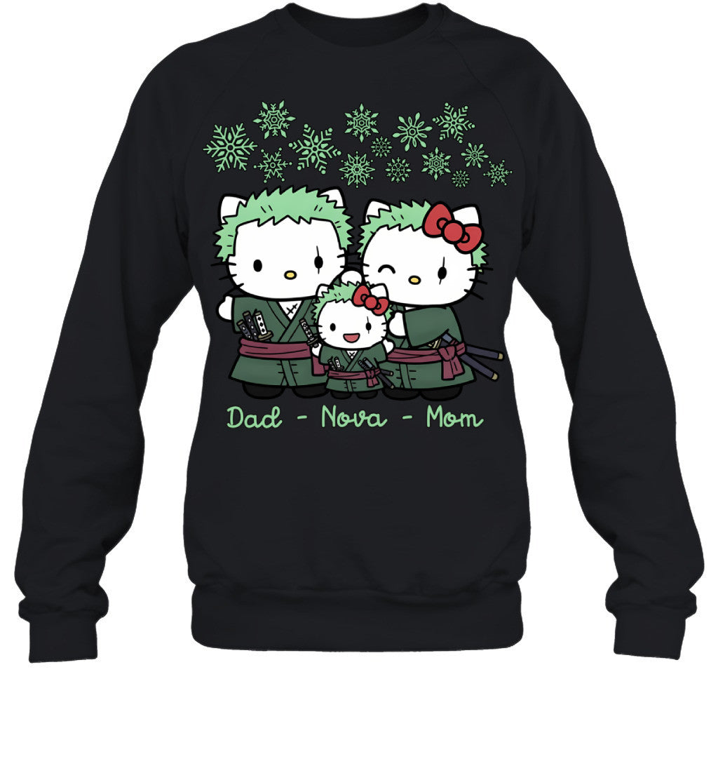 Hello Kitty x Roronoa Zoro Parents & Daughter Custom Name Christmas T-Shirt for Family