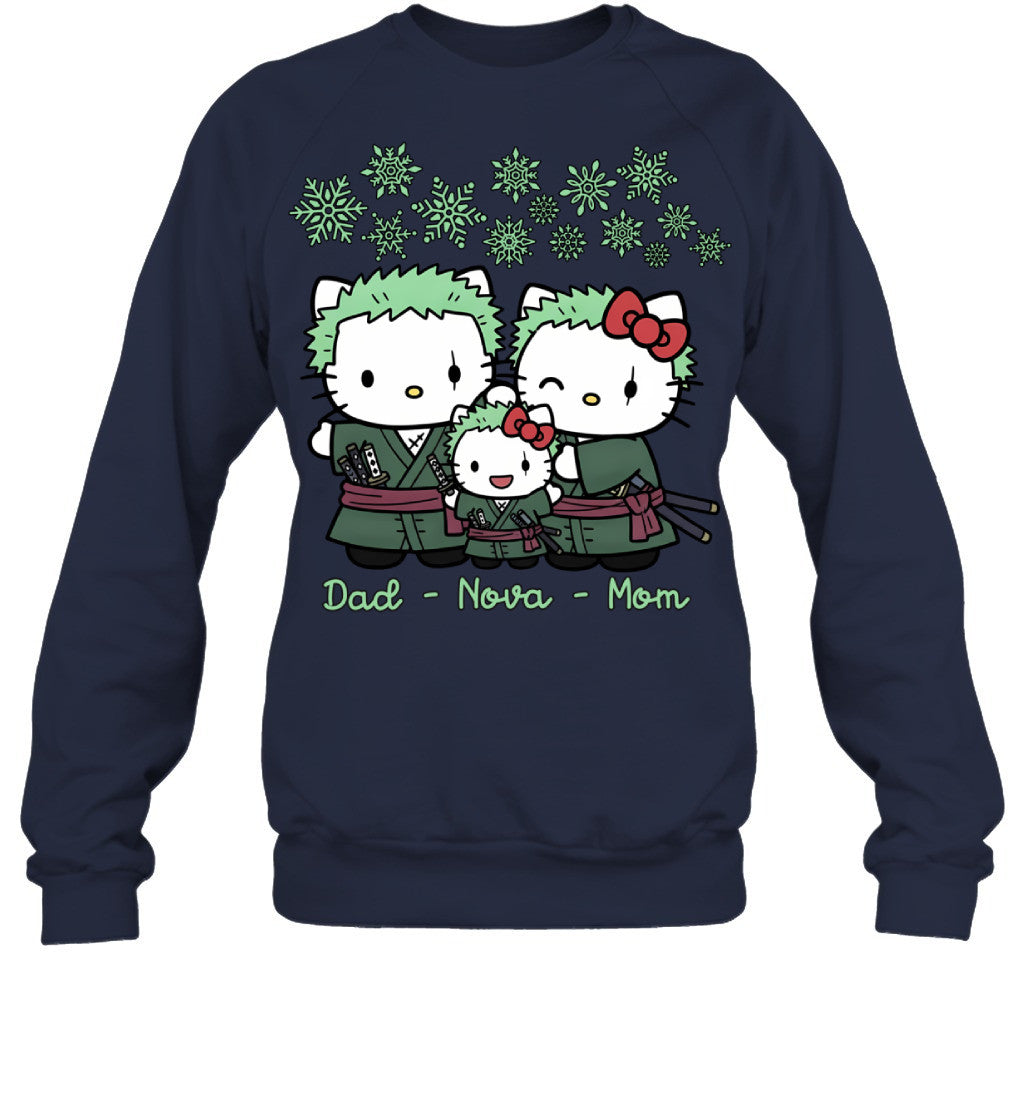 Hello Kitty x Roronoa Zoro Parents & Daughter Custom Name Christmas T-Shirt for Family