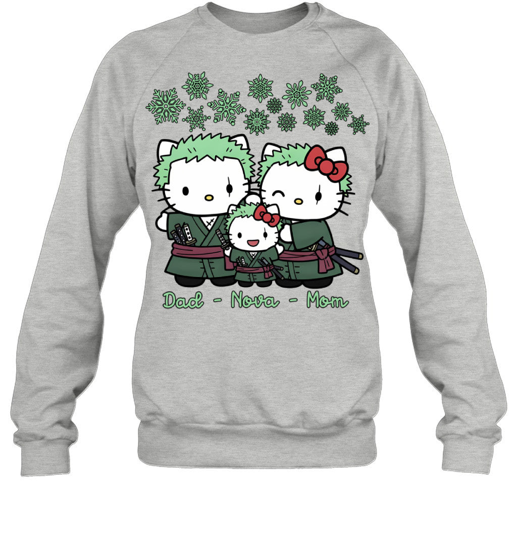 Hello Kitty x Roronoa Zoro Parents & Daughter Custom Name Christmas T-Shirt for Family