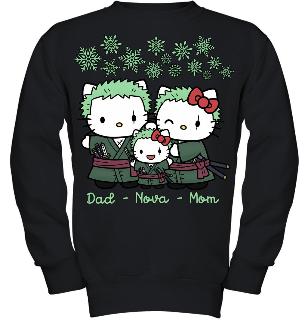 Hello Kitty x Roronoa Zoro Parents & Daughter Custom Name Christmas T-Shirt for Family