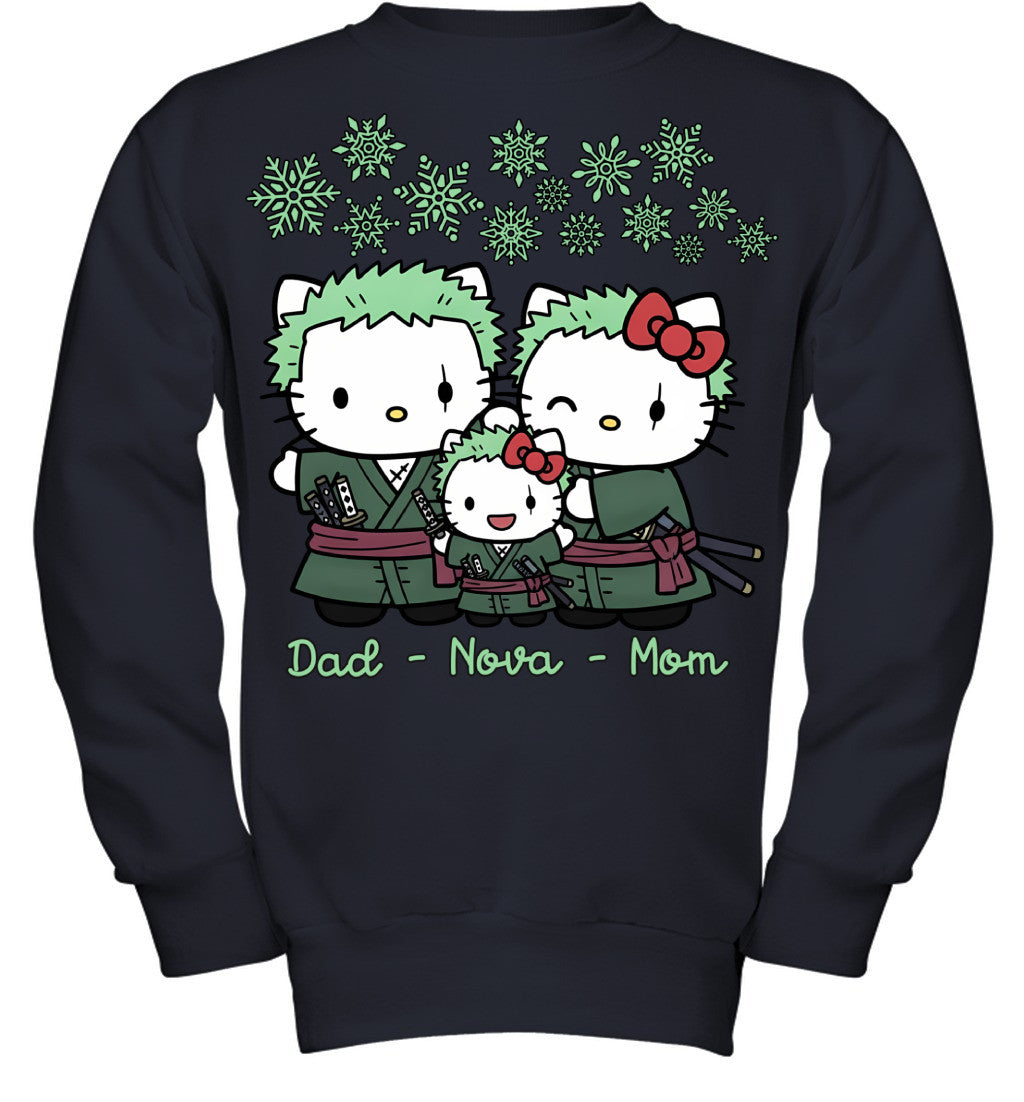 Hello Kitty x Roronoa Zoro Parents & Daughter Custom Name Christmas T-Shirt for Family