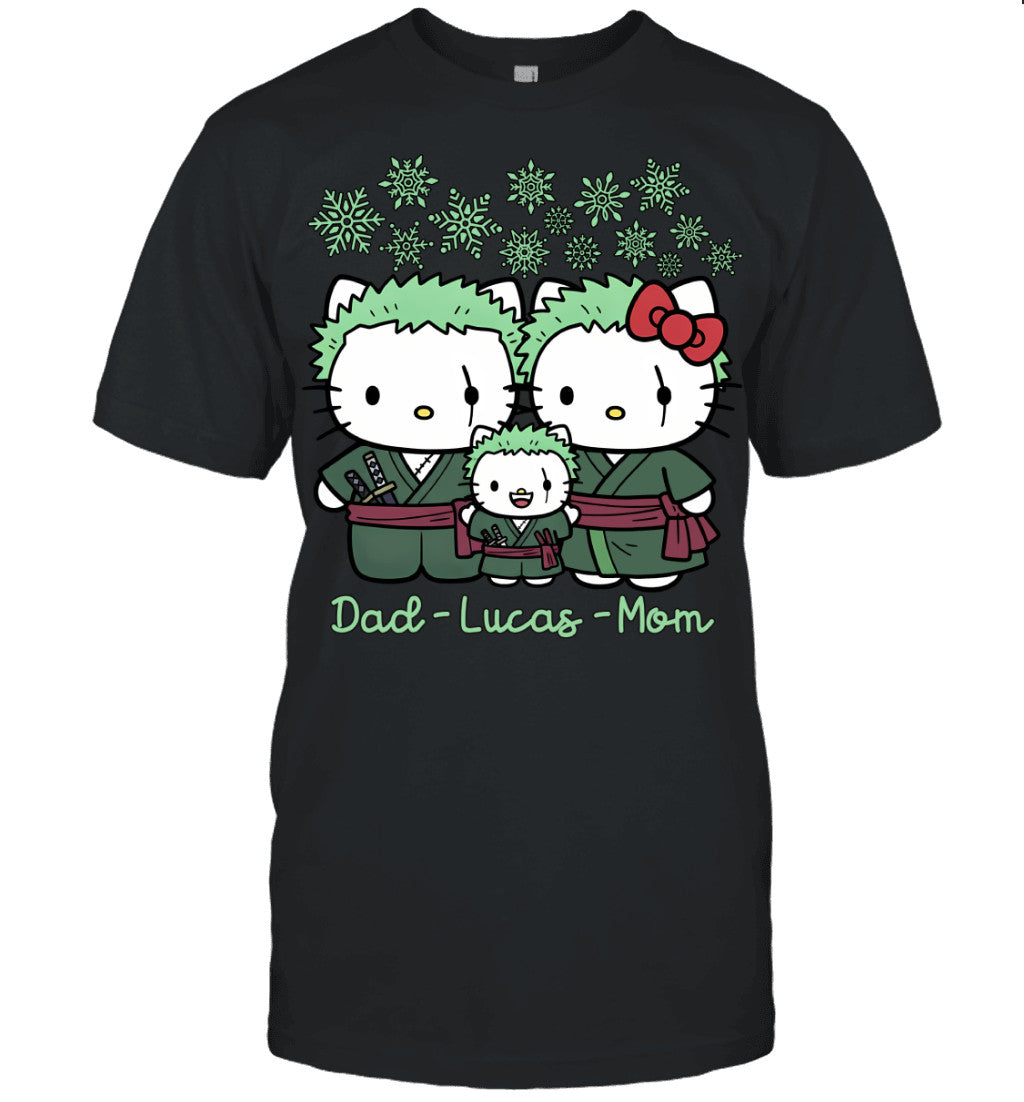 Hello Kitty x Roronoa Zoro Parents & Son Custom Name Christmas T-Shirt for Family