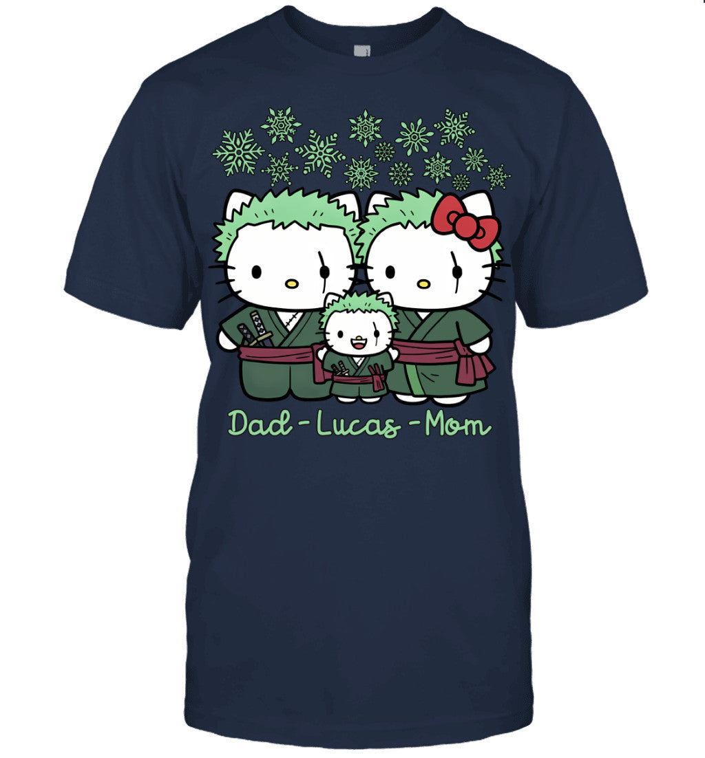 Hello Kitty x Roronoa Zoro Parents & Son Custom Name Christmas T-Shirt for Family