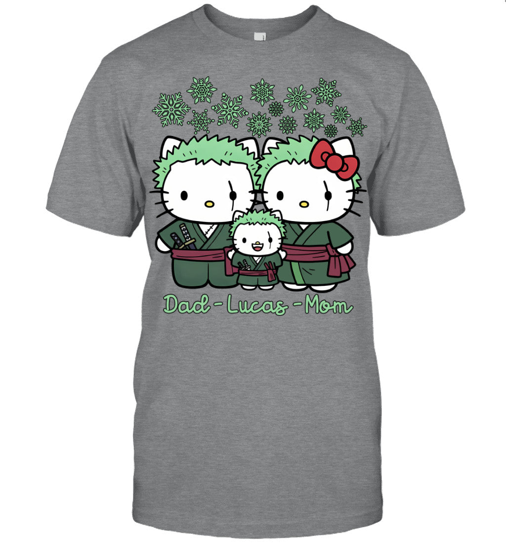Hello Kitty x Roronoa Zoro Parents & Son Custom Name Christmas T-Shirt for Family