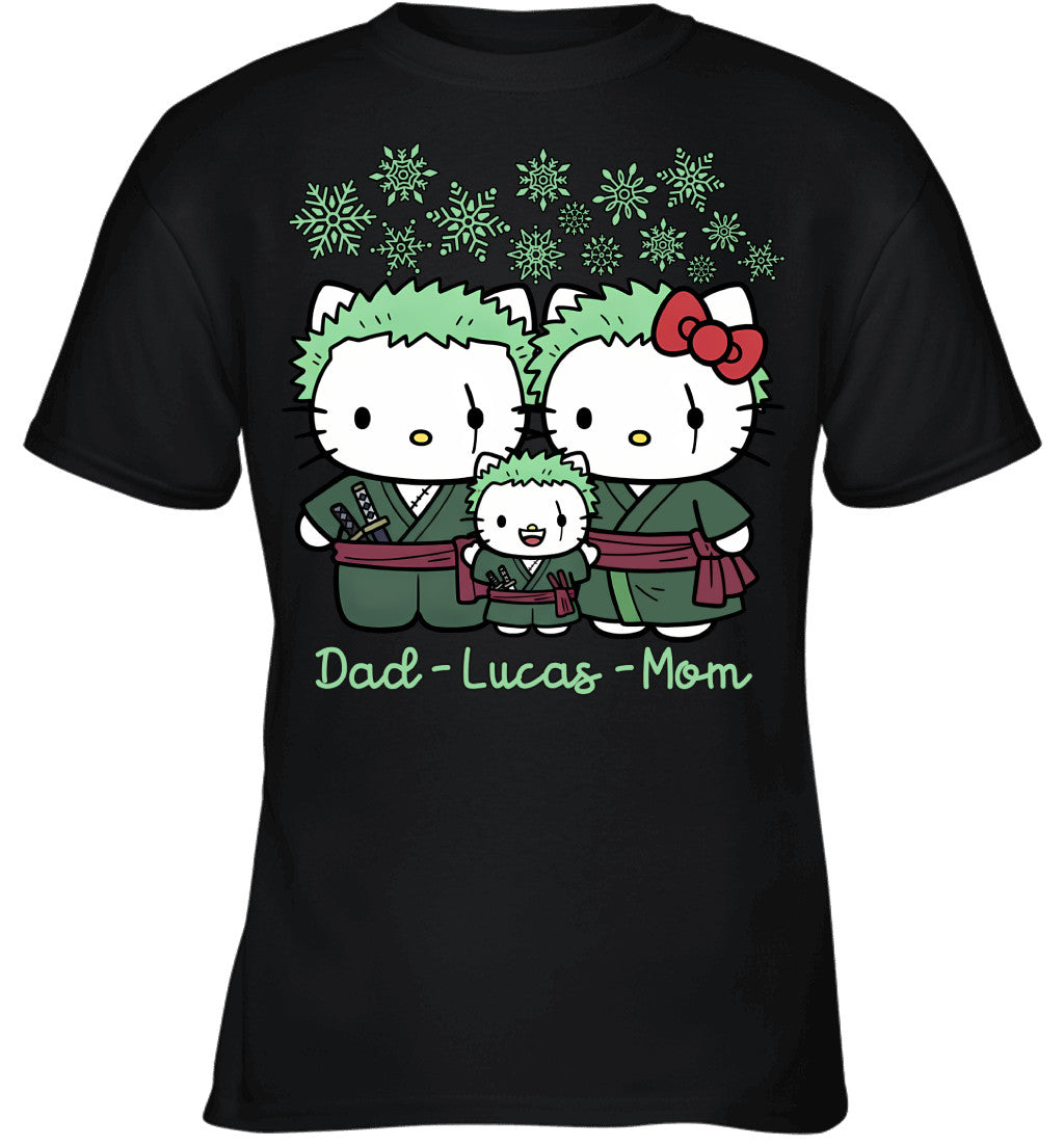 Hello Kitty x Roronoa Zoro Parents & Son Custom Name Christmas T-Shirt for Family