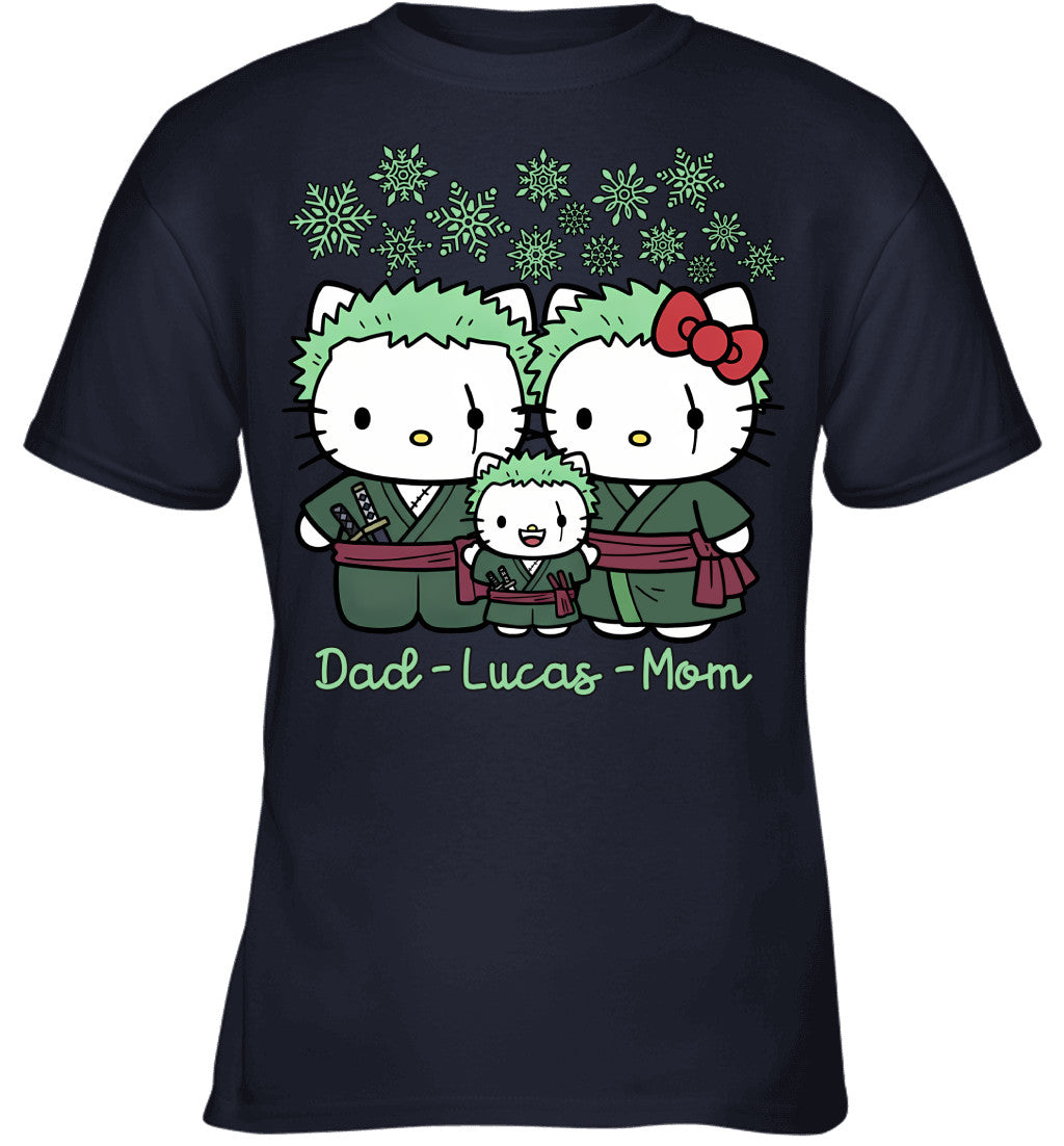 Hello Kitty x Roronoa Zoro Parents & Son Custom Name Christmas T-Shirt for Family