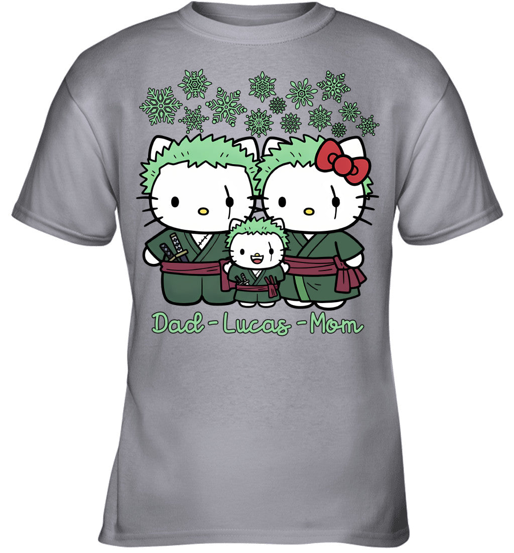 Hello Kitty x Roronoa Zoro Parents & Son Custom Name Christmas T-Shirt for Family