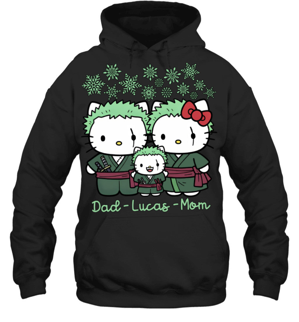 Hello Kitty x Roronoa Zoro Parents & Son Custom Name Christmas T-Shirt for Family