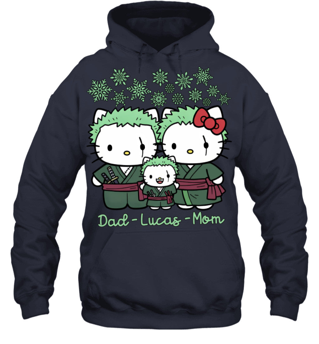 Hello Kitty x Roronoa Zoro Parents & Son Custom Name Christmas T-Shirt for Family