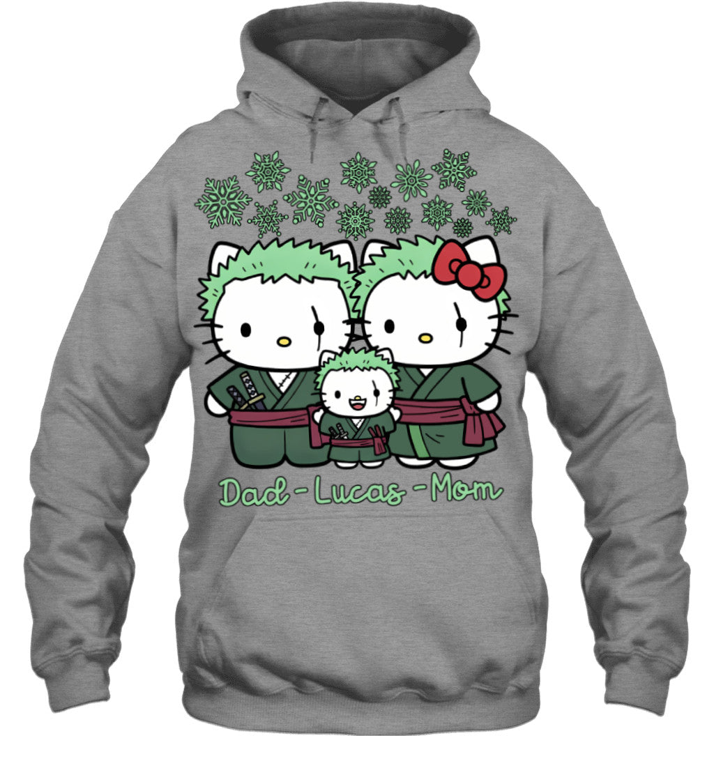 Hello Kitty x Roronoa Zoro Parents & Son Custom Name Christmas T-Shirt for Family