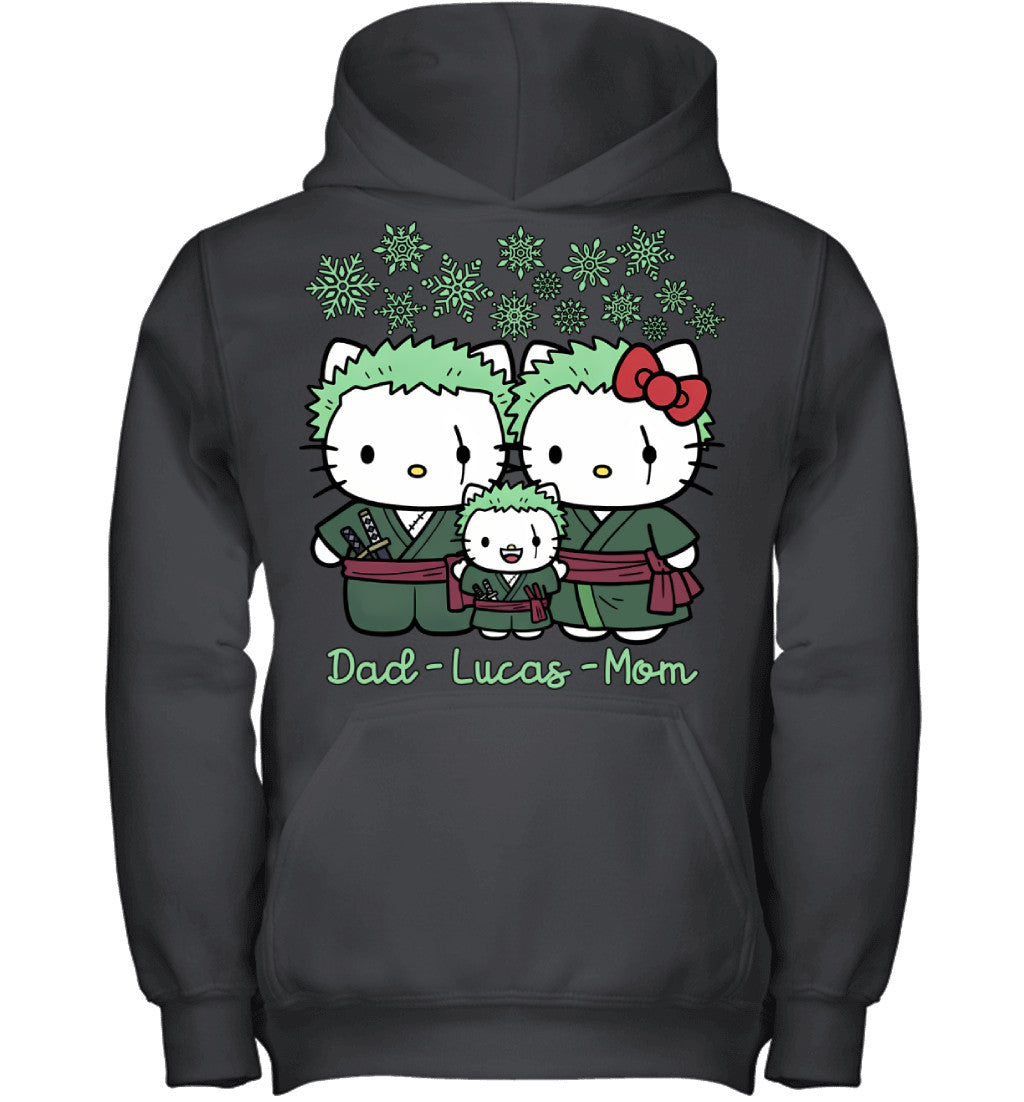Hello Kitty x Roronoa Zoro Parents & Son Custom Name Christmas T-Shirt for Family