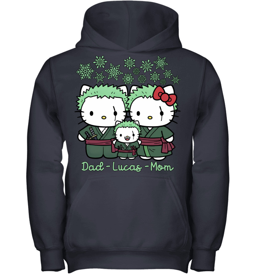Hello Kitty x Roronoa Zoro Parents & Son Custom Name Christmas T-Shirt for Family
