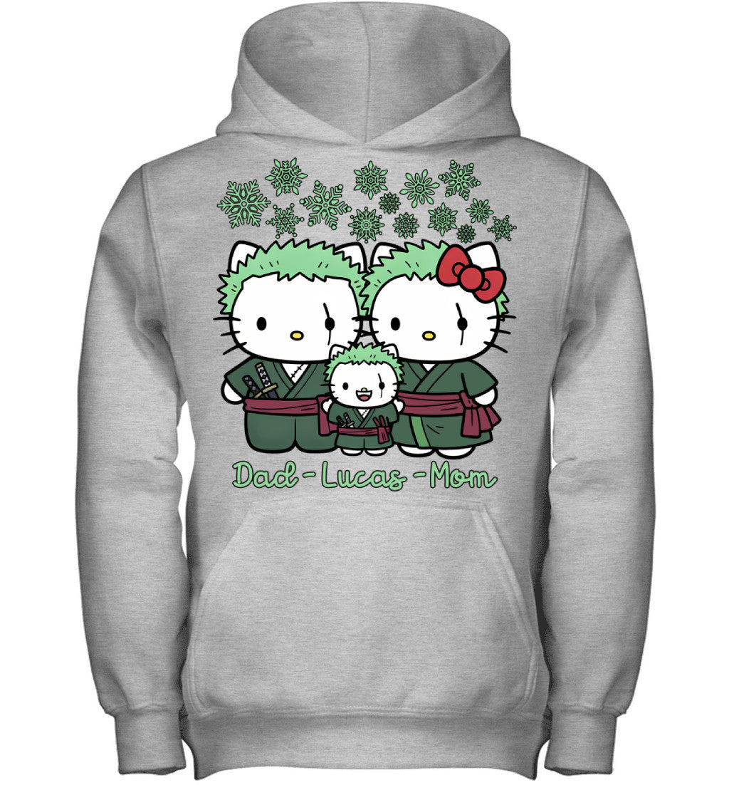 Hello Kitty x Roronoa Zoro Parents & Son Custom Name Christmas T-Shirt for Family