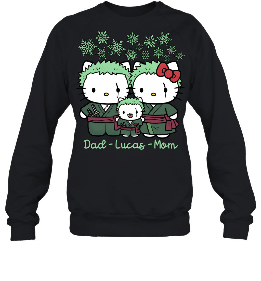 Hello Kitty x Roronoa Zoro Parents & Son Custom Name Christmas T-Shirt for Family