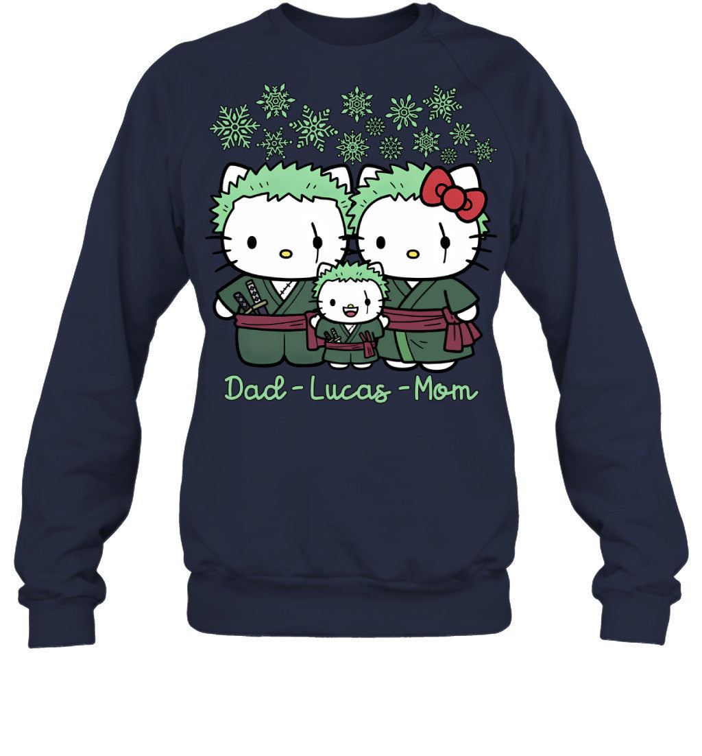 Hello Kitty x Roronoa Zoro Parents & Son Custom Name Christmas T-Shirt for Family