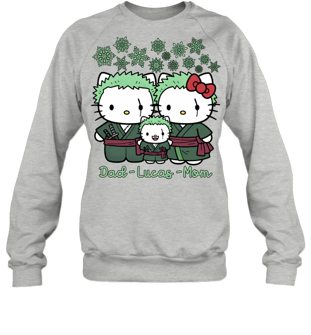 Hello Kitty x Roronoa Zoro Parents & Son Custom Name Christmas T-Shirt for Family