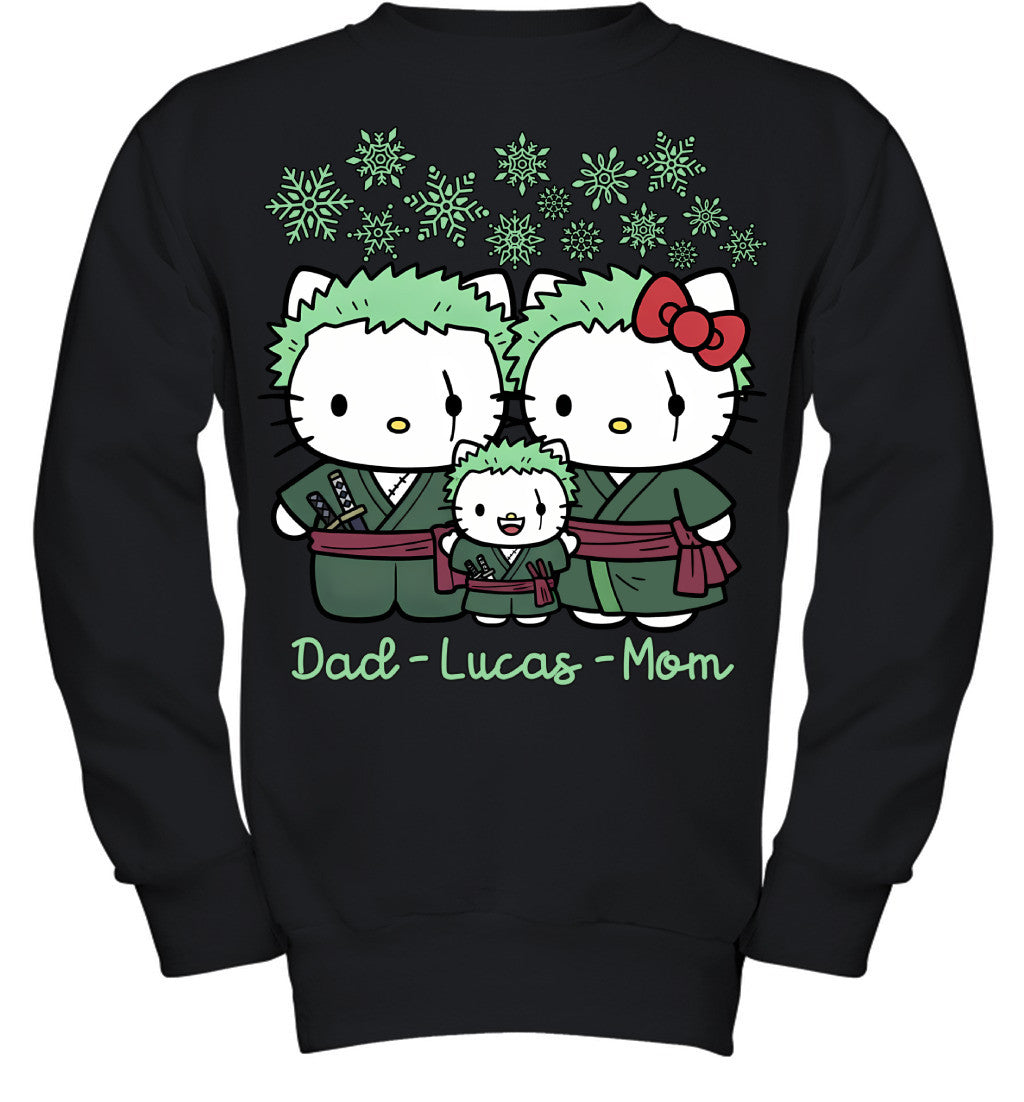 Hello Kitty x Roronoa Zoro Parents & Son Custom Name Christmas T-Shirt for Family