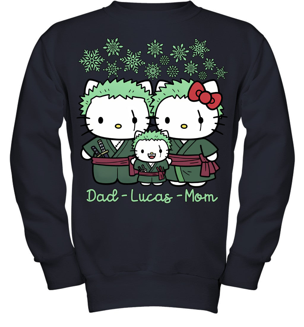 Hello Kitty x Roronoa Zoro Parents & Son Custom Name Christmas T-Shirt for Family