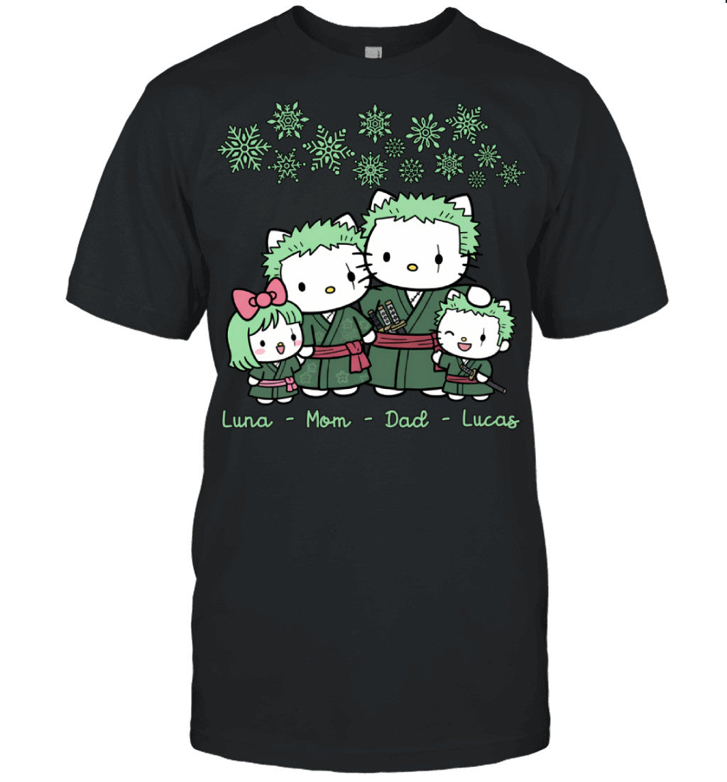 Hello Kitty x Roronoa Zoro Parents & Kids Custom Name Christmas T-Shirt for Family