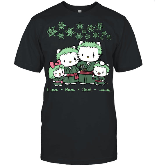Hello Kitty x Roronoa Zoro Parents & Kids Custom Name Christmas T-Shirt for Family