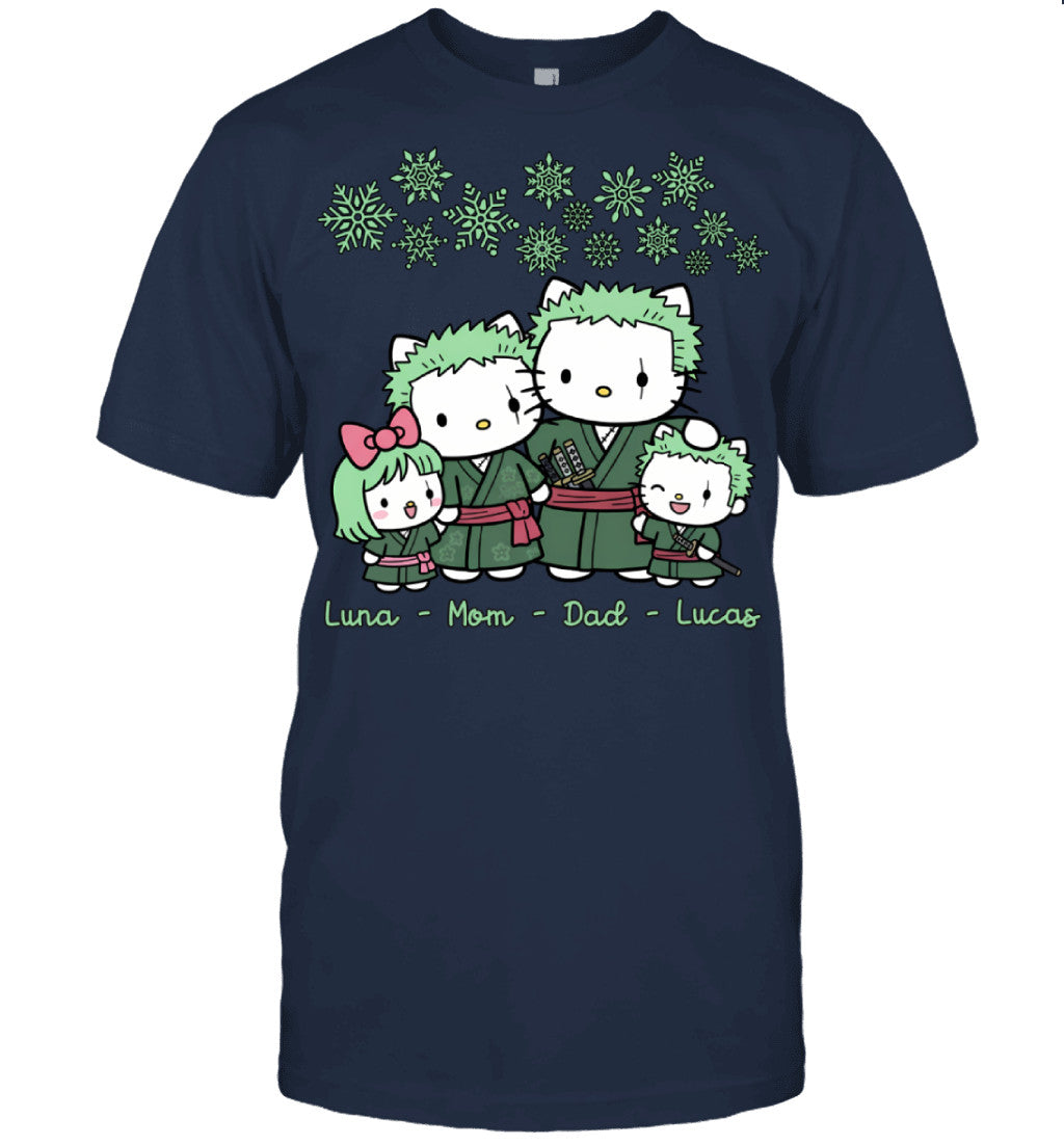 Hello Kitty x Roronoa Zoro Parents & Kids Custom Name Christmas T-Shirt for Family