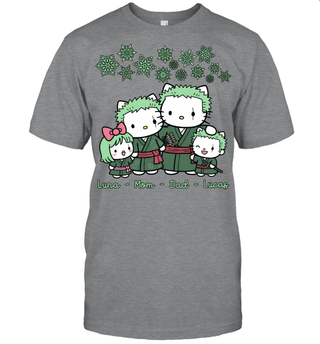 Hello Kitty x Roronoa Zoro Parents & Kids Custom Name Christmas T-Shirt for Family
