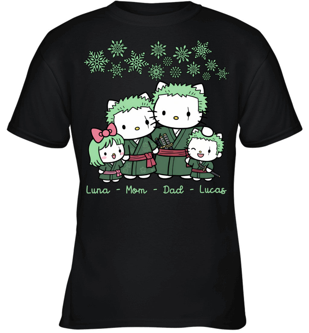 Hello Kitty x Roronoa Zoro Parents & Kids Custom Name Christmas T-Shirt for Family