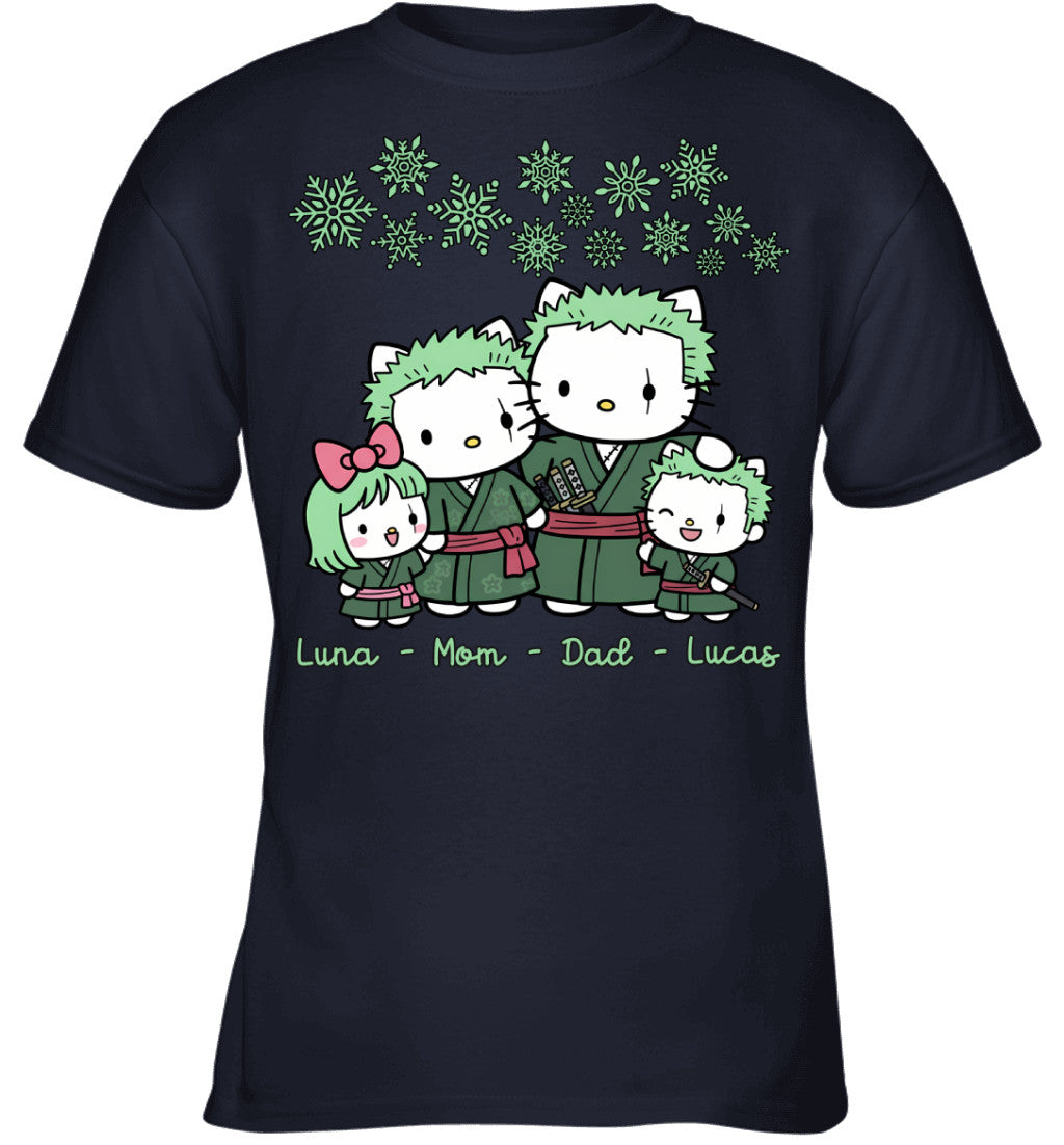 Hello Kitty x Roronoa Zoro Parents & Kids Custom Name Christmas T-Shirt for Family