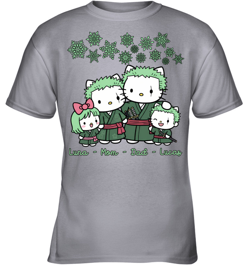 Hello Kitty x Roronoa Zoro Parents & Kids Custom Name Christmas T-Shirt for Family