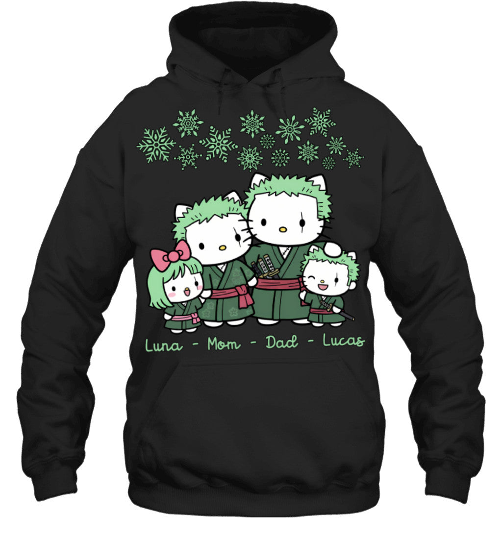 Hello Kitty x Roronoa Zoro Parents & Kids Custom Name Christmas T-Shirt for Family