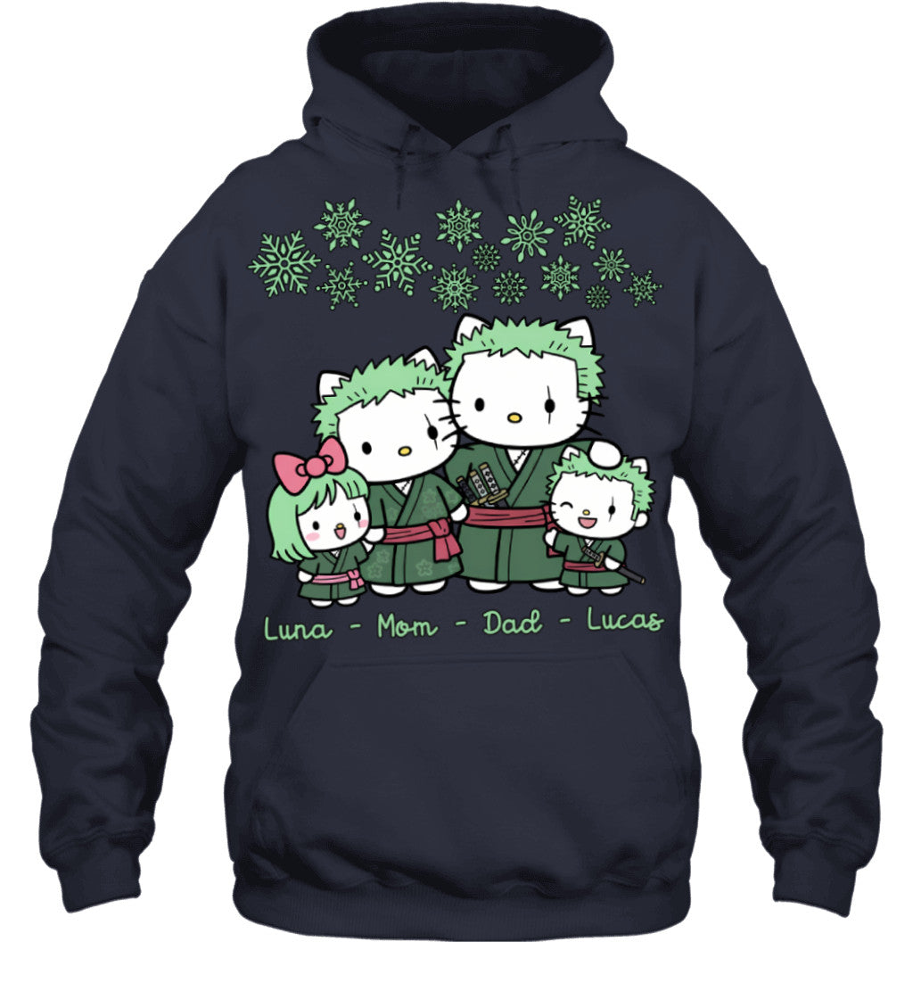Hello Kitty x Roronoa Zoro Parents & Kids Custom Name Christmas T-Shirt for Family