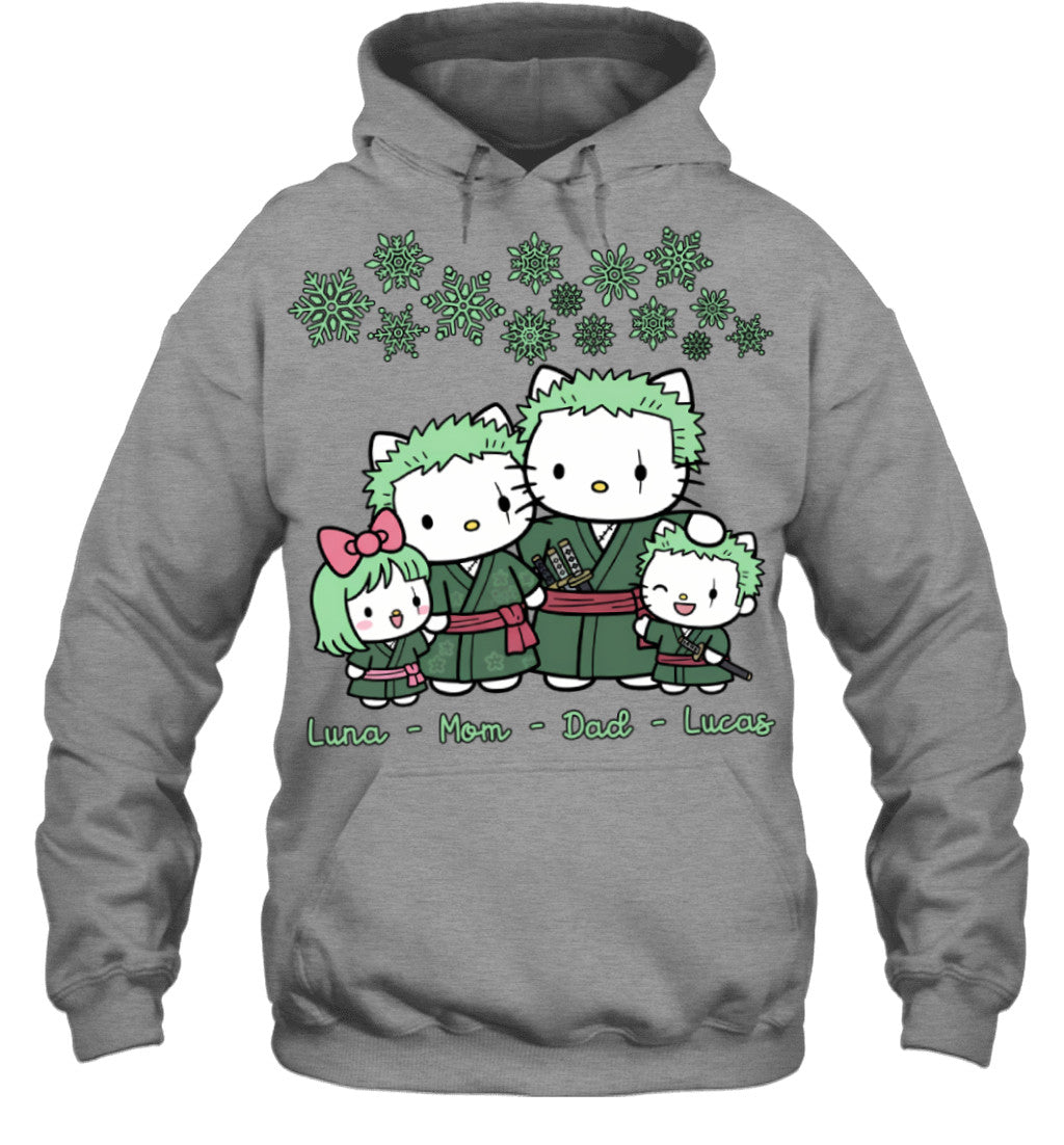Hello Kitty x Roronoa Zoro Parents & Kids Custom Name Christmas T-Shirt for Family