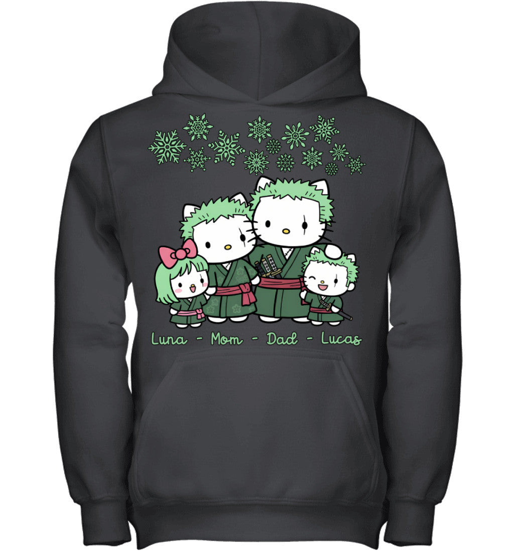 Hello Kitty x Roronoa Zoro Parents & Kids Custom Name Christmas T-Shirt for Family