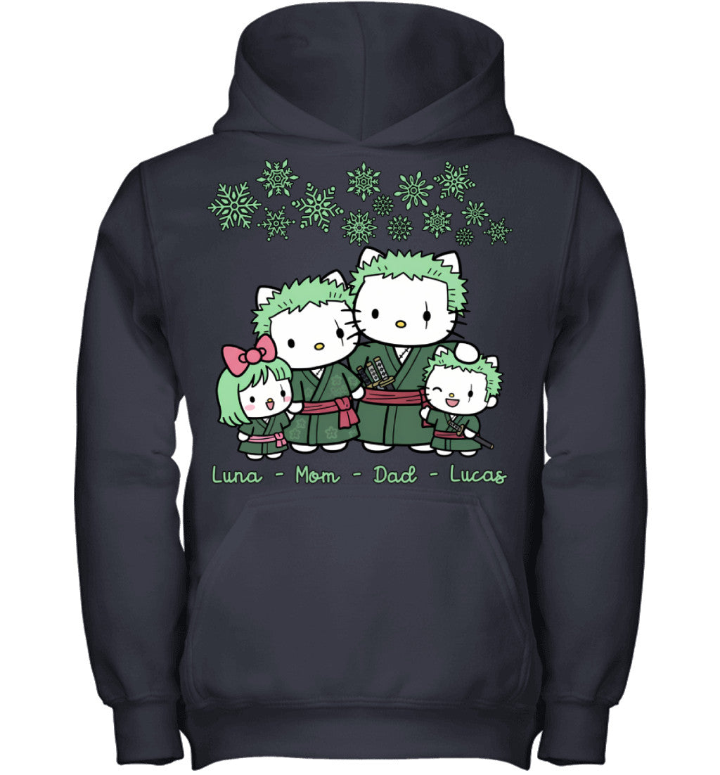Hello Kitty x Roronoa Zoro Parents & Kids Custom Name Christmas T-Shirt for Family