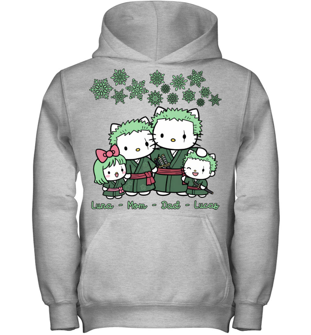 Hello Kitty x Roronoa Zoro Parents & Kids Custom Name Christmas T-Shirt for Family