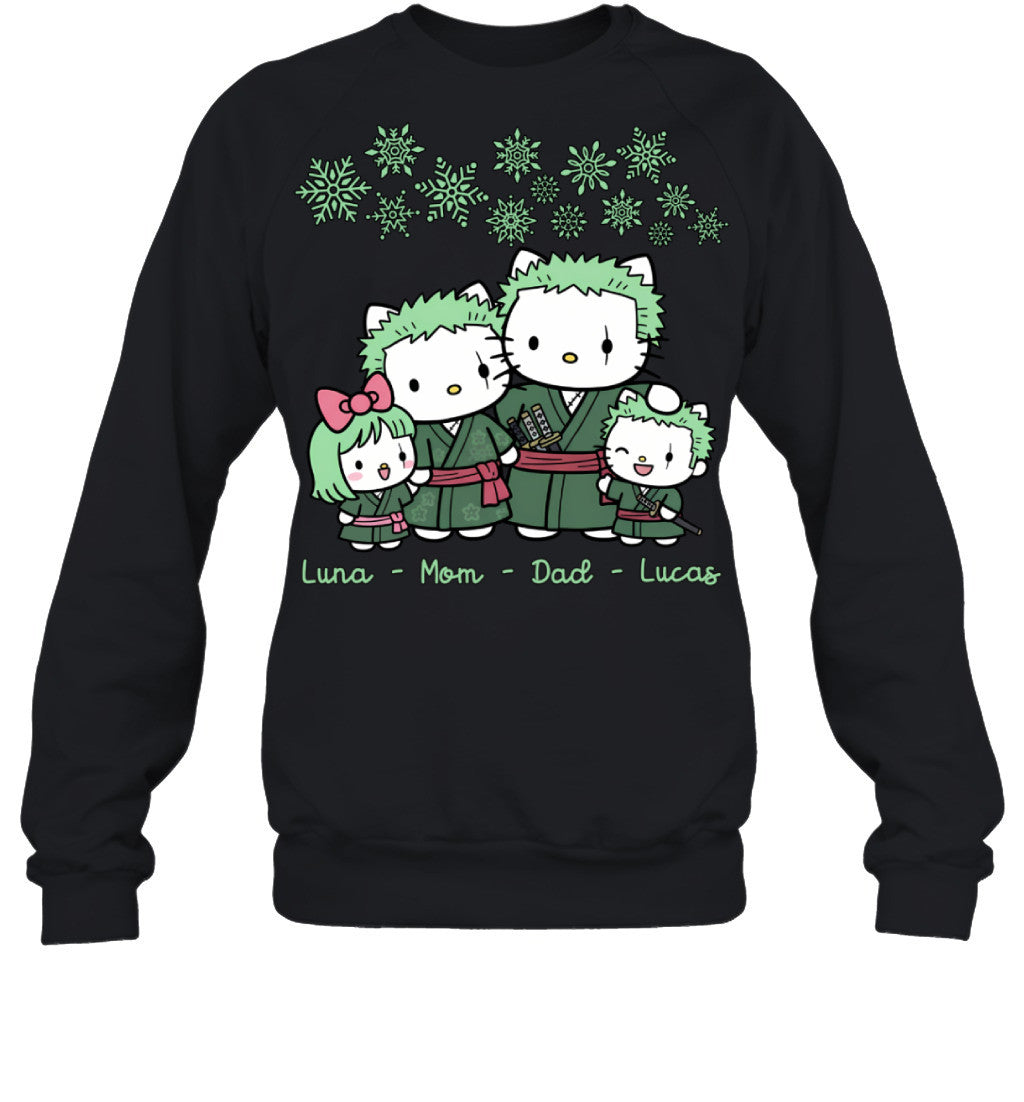 Hello Kitty x Roronoa Zoro Parents & Kids Custom Name Christmas T-Shirt for Family